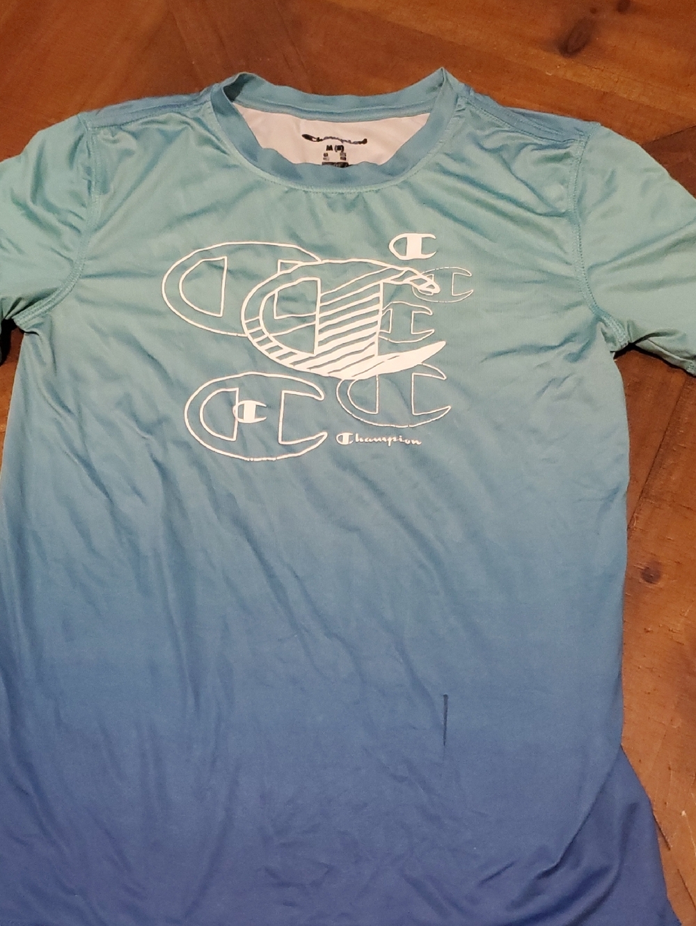 Champion Gradient Aqua to Blue Short Sleeve Tee with White Logo